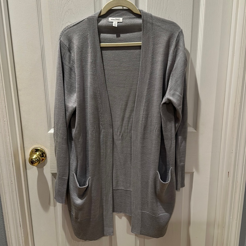 Nordstrom Cardigan Gray Long Line Open Front Merino Wool Pockets large
